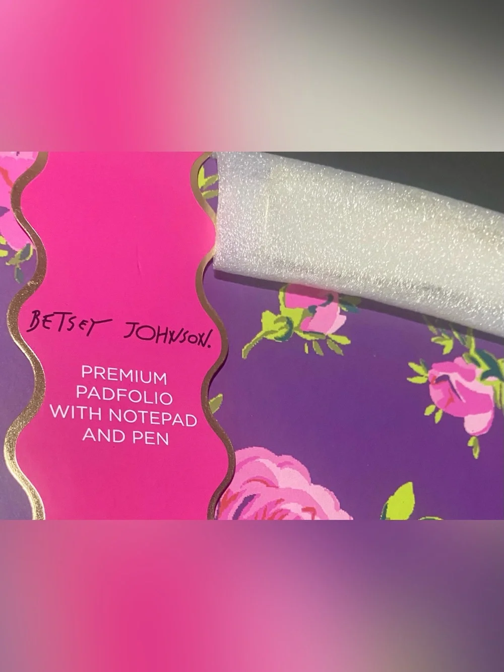 Betsey Johnson premium padfolio bright purple cover pink rose pattern gold pen